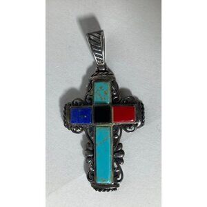 Sterling Silver Cross Pendant Multicolored Stones 1.125 x‎ 2.125"